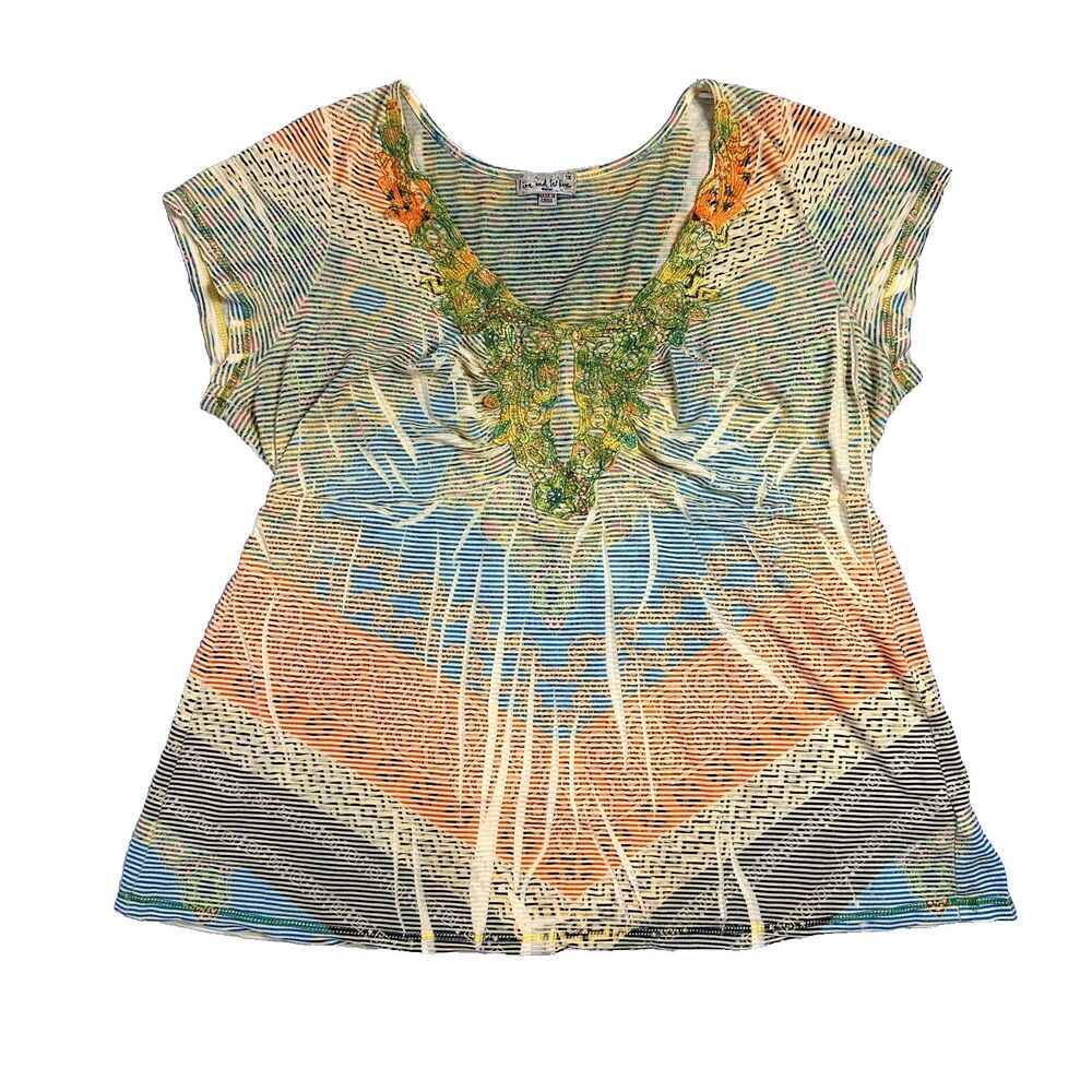 One World Live And Let Live Women's 1X Multicolor Chic Boho Embellished Neck Top